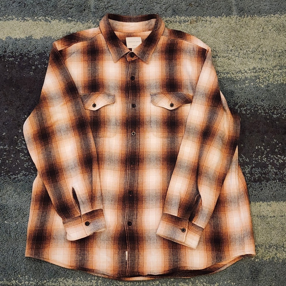 American Eagle Long Sleeve Flannel Mens XXL Heavyweight Brown Black Plaid Shirt
